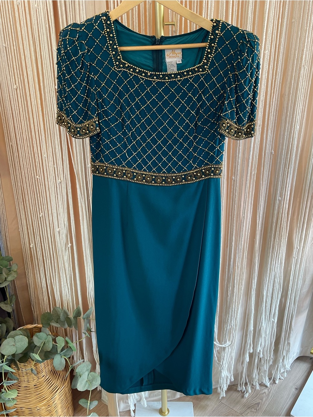 Short sleeve vintage Alyce Designs gold beaded cocktail dress teal tulip skirt